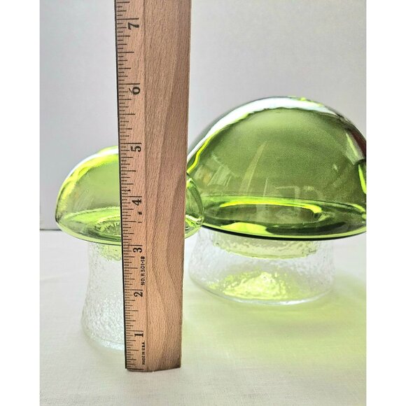 A Set of Three Vintage Handblown Glass Green Mushroom Canisters 6", 5.5" , 5" - Picture 6 of 10